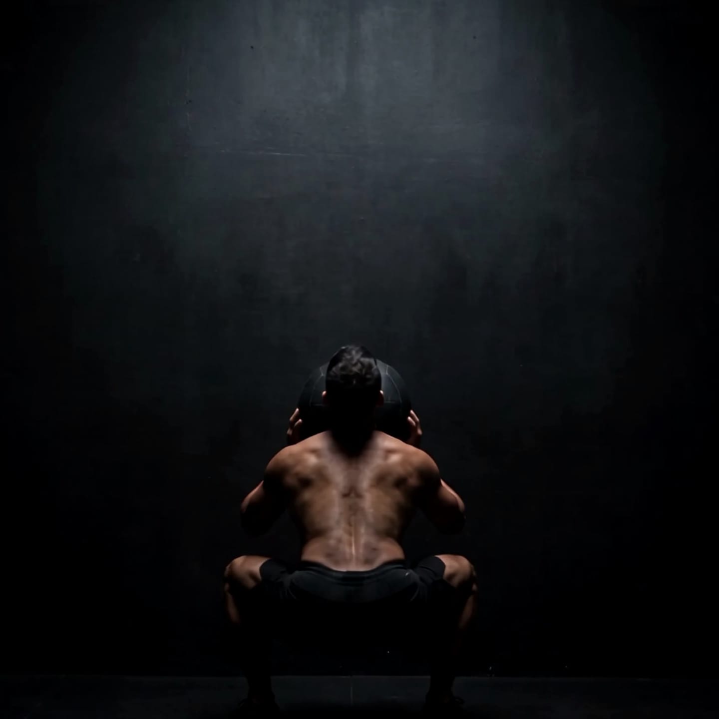 An athlete at the bottom of a squat against a dark wall, lit from above