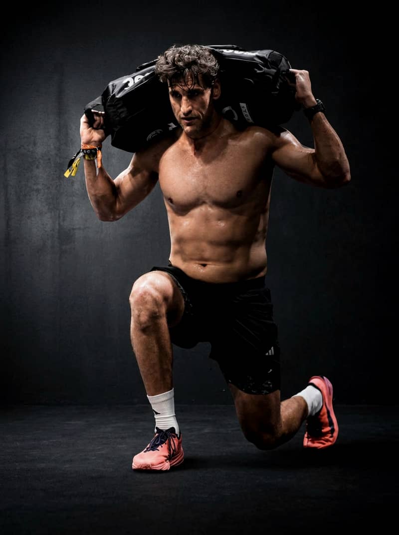 An athlete lunging under a loaded sandbag